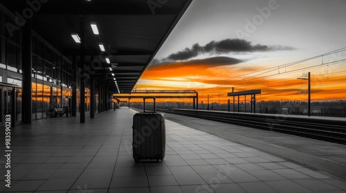 Lonely Suitcase on Train Platform at Sunset