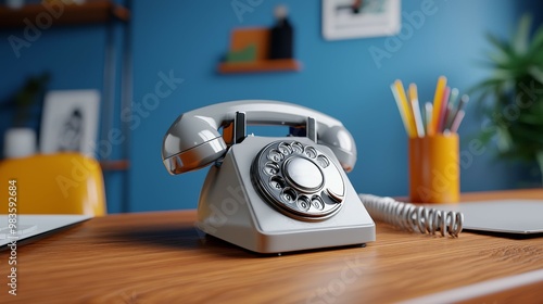 Classic rotary dial telephone on a wooden desk in a retro-themed office. Concept of vintage communication and nostalgia.