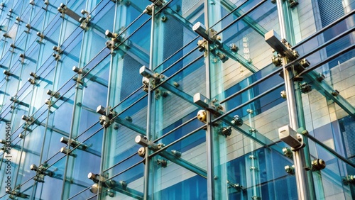 Abstract Glass Curtain Wall Facade Detail with Fasteners Spider Glass System Elements for Architecture Background Design and Construction