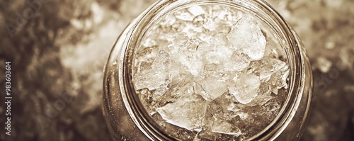 A close-up view of a jar filled with clear ice, showcasing texture and reflections, perfect for beverage or food-related imagery.