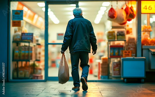 レジ袋を手に下げて歩く買い物帰りの高齢男性の後ろ姿 ひとり シニア Elderly man walking home from shopping with plastic bag in his hand, back view.