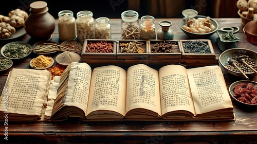 Collection of traditional Chinese medicine herbs and tools displayed next to modern medical equipment symbolizing the blend of ancient and modern practices