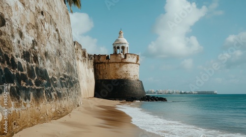 San Juan Forts Historical Exploration, a minimalist setting highlighting the rich history of San Juan's forts, featuring clean lines and ample free space for reflection.