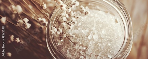 Aesthetic view of coarse salt in a jar with delicate flowers, showcasing natural beauty and calmness in a rustic setting.