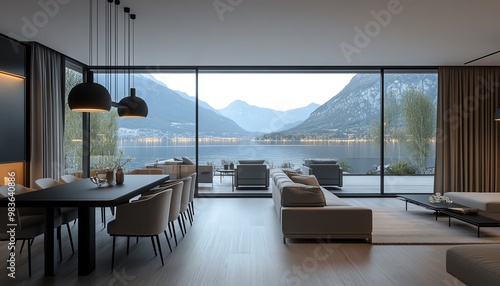 Contemporary minimalist apartment with large windows overlooking a lake and mountains