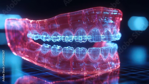 Digital orthodontic design, holographic smile preview, futuristic environment