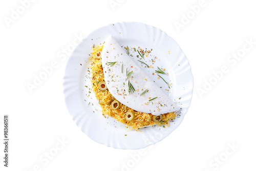 homemade tapioca or beiju stuffed with boiled chicken and olives isolated on white background