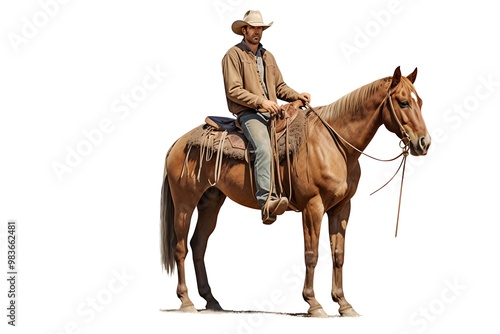 A cowboy riding a horse in full attire, showcasing western culture and rugged charm against a plain background