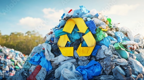 A vibrant heap of recyclable waste featuring a prominent recycle symbol, emphasizing environmental awareness and sustainability.