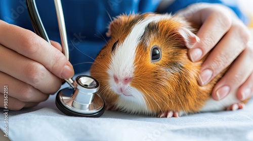 A veterinarian examining a guinea pig with a stethoscope