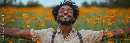 Man with dreadlocks smiling in a field of flowers