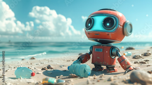 A cute smiling little robot collecting garbage on a beach on a sunny day 