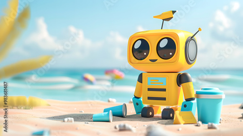 A cute smiling little robot collecting garbage on a beach on a sunny day 