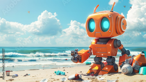 A cute smiling little robot collecting garbage on a beach on a sunny day 