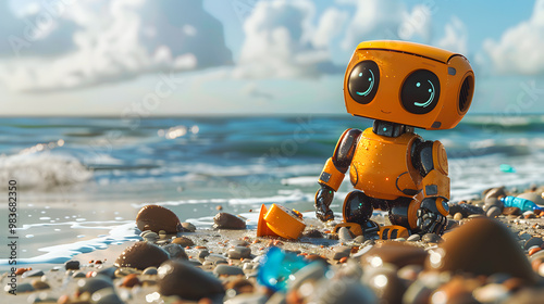 A cute smiling little robot collecting garbage on a beach on a sunny day 