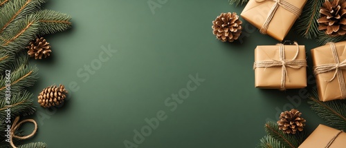 Top view of Christmas decoration with wrapped gifts, pinecones, and evergreen branches on a green background. Holiday flat lay, copy space.