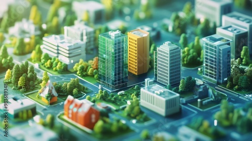 A detailed miniature model of a modern cityscape with various buildings and greenery, showcasing urban planning and architecture.