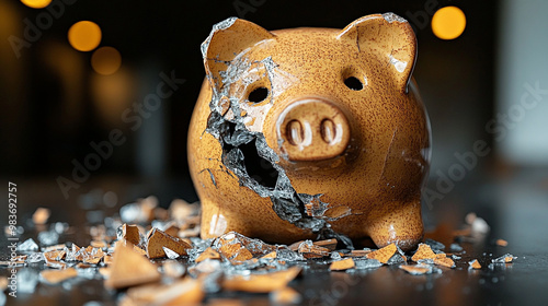 Cracked piggy bank on floor - symbolizing broken savings and financial hardship.