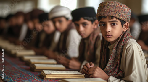 Young muslim student sitting at desk studying in traditional clothes