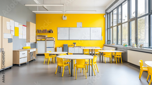 Modern empty school classroom with yellow walls and chairs