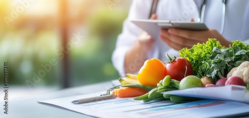 Health professional with fresh vegetables, sunlight