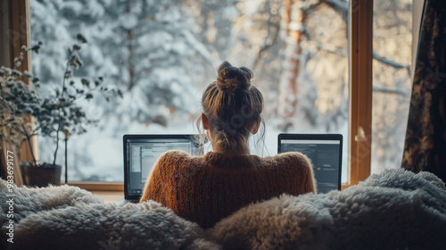 Woman working from home on two laptops near window in winter