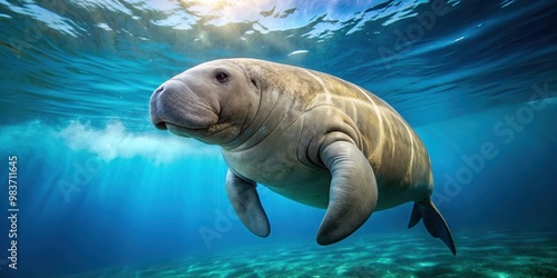 Dugong swimming gracefully in the blue sea , underwater, sea cow, marine animal, dugong dugon, ocean, wildlife