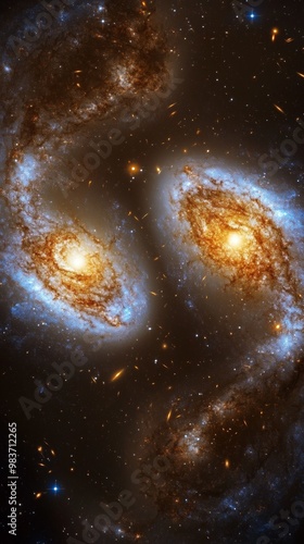 A mesmerizing view of two galaxies colliding, their stars and gas swirling in cosmic chaos