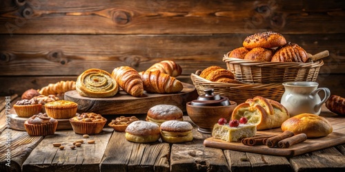 Traditional pastries displayed on a rustic table , bakery, sweet, dessert, homemade, fresh, delicious, treats, vintage