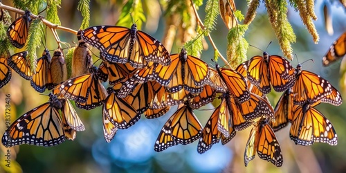 Close-up of Monarch butterflies on a branch in Spain , Monarch, butterflies, swarm, close-up, branch, nature, wildlife