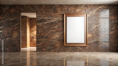 Minimalist gallery with empty frame on Laurent Brown marble floor, gallery, minimalist,empty, frame, Laurent Brown