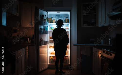 Person standing in front of an open fridge at night, illuminated by the refrigerator light.