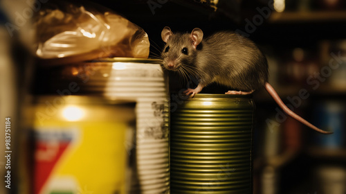 A rat perched on a stack of canned goods in a dark, cluttered storage area.