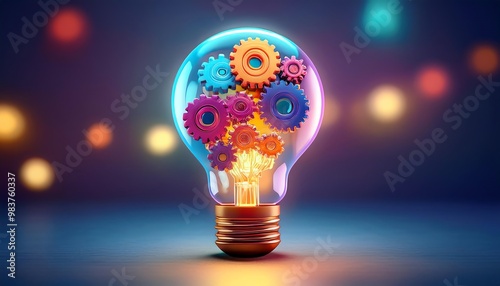 A vibrant light bulb filled with colorful gears, symbolizing innovation and creativity against a dreamy background of glowing orbs.