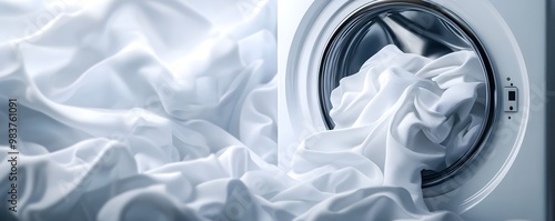 A close-up view of a washing machine loaded with crumpled white fabric, showcasing the washing process in a fresh, clean environment.