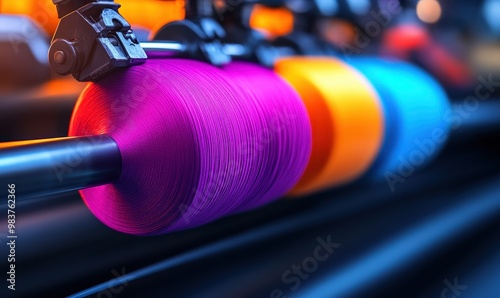 Colorful Yarn Spools on Textile Machine.