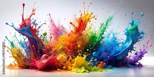 Bright, colorful paint splatters on a stark white backdrop, ideal for inspiring and elevating artistic design projects,