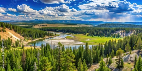 Panoramic view of the breathtaking landscape in Yellowstone National Park, Yellowstone, National Park, landscape, panoramic