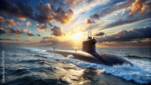 Modern nuclear submarine sailing in the sea, navy, military, underwater, technology, vessel, warship, stealth