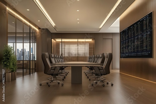 Financial consultants office, modern interior with sleek furniture, digital screens displaying stocks, photorealistic style, warm lighting, professional ambiance. Meeting room concept.