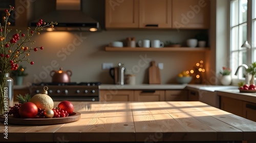 Empty table in the kitchen for presentation. Christmas decor.