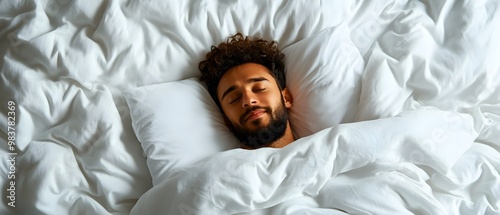 A man peacefully sleeps on a cozy bed surrounded by fluffy white bedding, exuding tranquility and comfort.