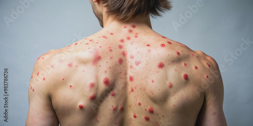 Close-up of a male back with painful red rash, blisters, and spots, showcasing symptoms of monkeypox disease, providing copy space for healthcare information.