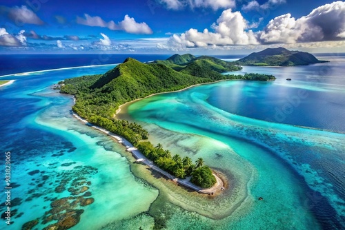 Aerial view of Huahine Blue Lagoon in French Polynesia with a tilted angle