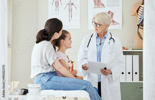 Doctor, child and talk in office for healthcare, medical advice or professional opinion with mom. Pediatrician, mother and daughter in consultation for kid recovery, diagnosis or medicare with report