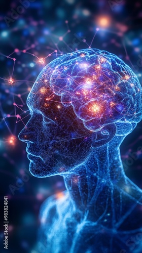 A mind immersed in cognitive processes, with neural activity glowing around the corpus callosum, highlighting dopamine reuptake in a meditative state