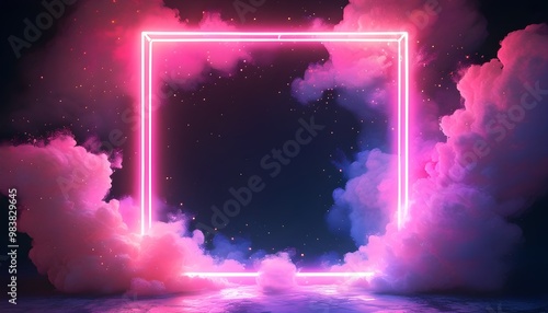 Ethereal neon frame pulsating with vibrant light amidst swirling pink and purple fire clouds in a fantastical dreamscape