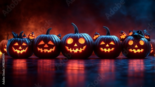 A sharp, brightly lit image of jack-o'-lanterns in Halloween costumes, with a wide, clear space at the bottom for text. The pumpkins are arranged in a line, glowing warmly against a plain background.