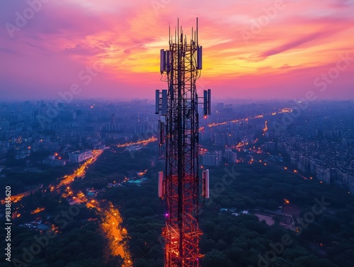 Telecommunication Tower Silhouette Against Vibrant Sunset: An aerial view of a tall telecommunication tower silhouetted against a breathtaking sunset, painting the sky with vibrant hues of pink and or