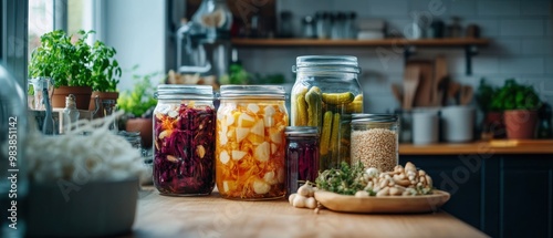 A vibrant collection of fermented foods in glass jars featuring pickled vegetables kombucha and fermented grains on a wooden countertop in natural lighting for a rustic kitchen vibe